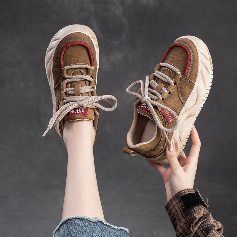 Women Retro Patchwork Leather Thick Soled Casual Shoes Newgew Shoes