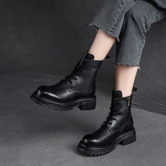 Women Classic Cowhide Patchwork Leather Combat Boots Newgew Shoes