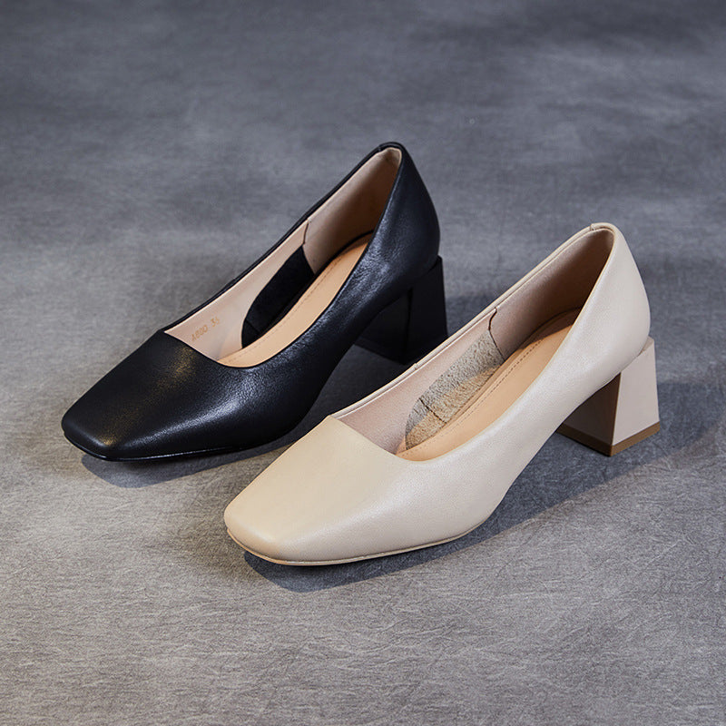 Women Minimalist Leather Square Toe Chunky Heel Pumps Newgew Shoes