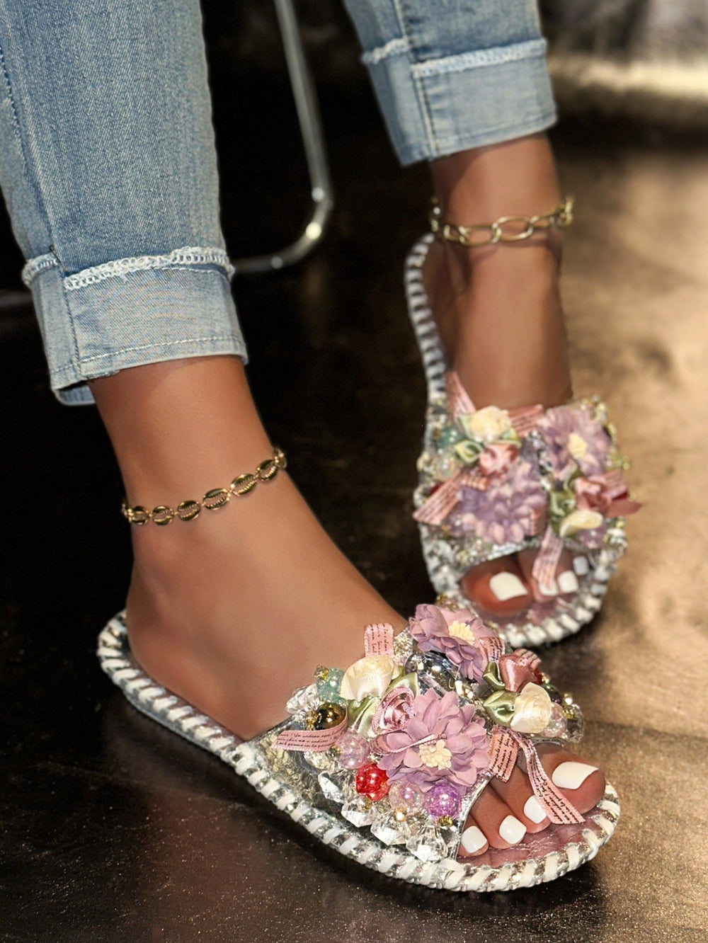 Fashion All-match Crystal Gem Flat Slippers NewGew