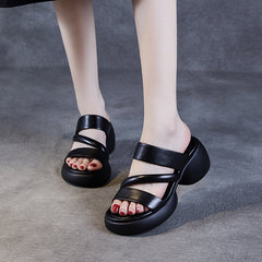 Women Minimalist Soft Leather Wedge Slides Sandals Newgew Shoes