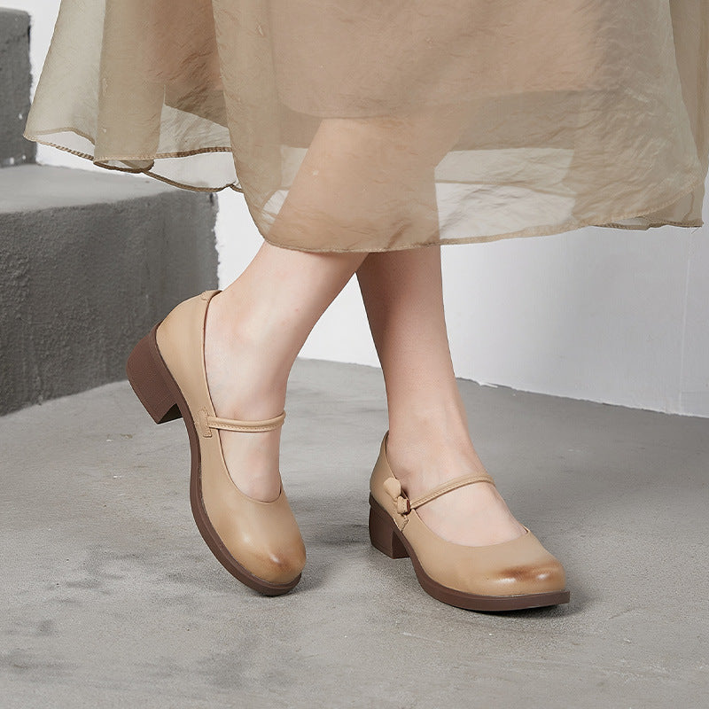 Women Retro Leather Chunky Heel Casual Shoes Newgew Shoes