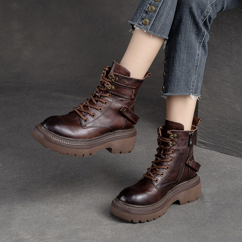 Women Retro Classic Leather Chunky Heel Boots Newgew Shoes