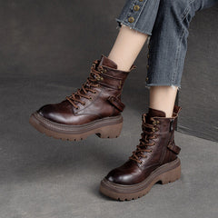 Women Retro Classic Leather Chunky Heel Boots Newgew Shoes