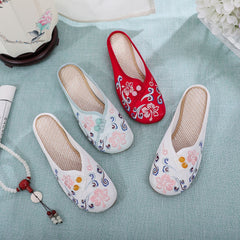 Women's Flat Soft Bottom Retro Button Embroidery Ancient Canvas Shoes Newgew
