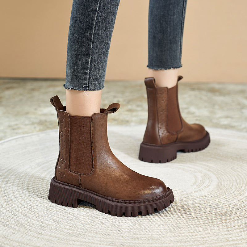 Women Retro Figured Leather Patchwork Casual Boots Newgew Shoes