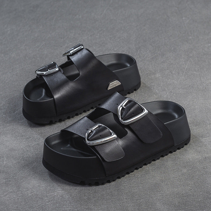 Women Soft Leather Thick Soled Casual Slides Sandals Newgew Shoes