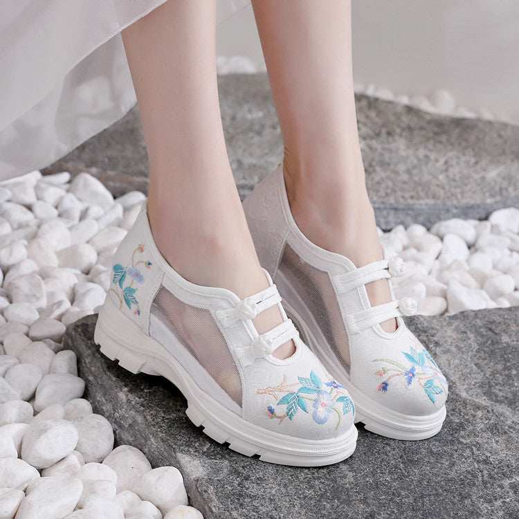 Women's Clan Ancient Style Mesh Embroidered Wedge Canvas Shoes Newgew