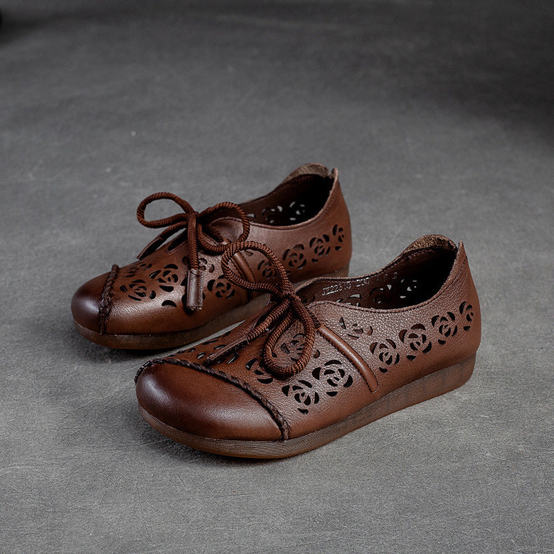 Women Retro Hollow Soft Leather Flat Shoes Newgew Shoes