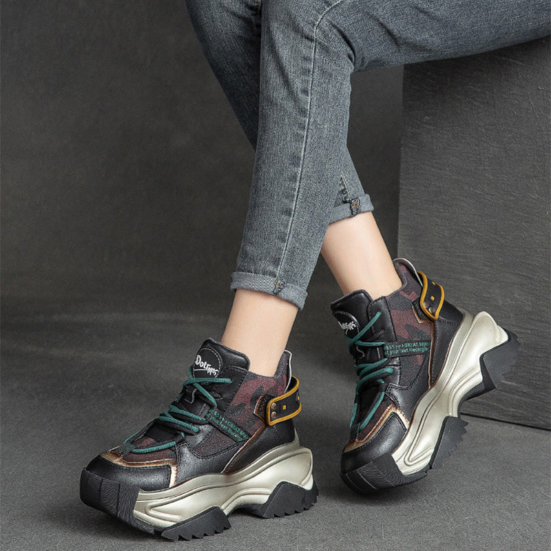 Women Retro Fashion Leather Chunky Platform Dad Shoes Newgew Shoes