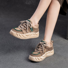 Women Retro Patchwork Leather Thick Soled Casual Shoes Newgew Shoes