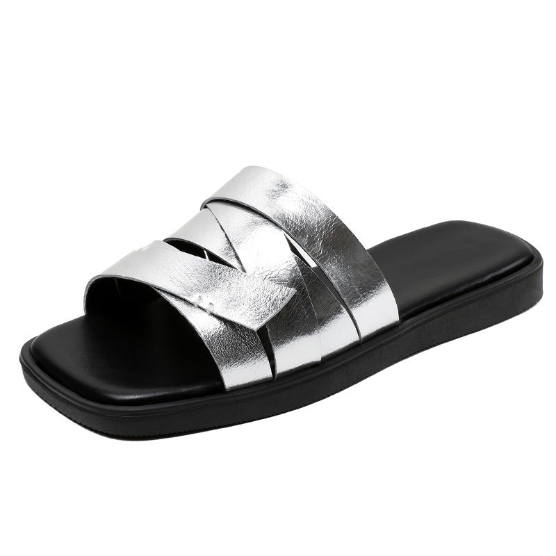 Women Soft Leather Retro Summer Casual Slides Sandals Newgew Shoes