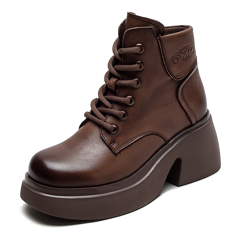 Women Retro Casual Leather Chunky Heel Boots Newgew Shoes