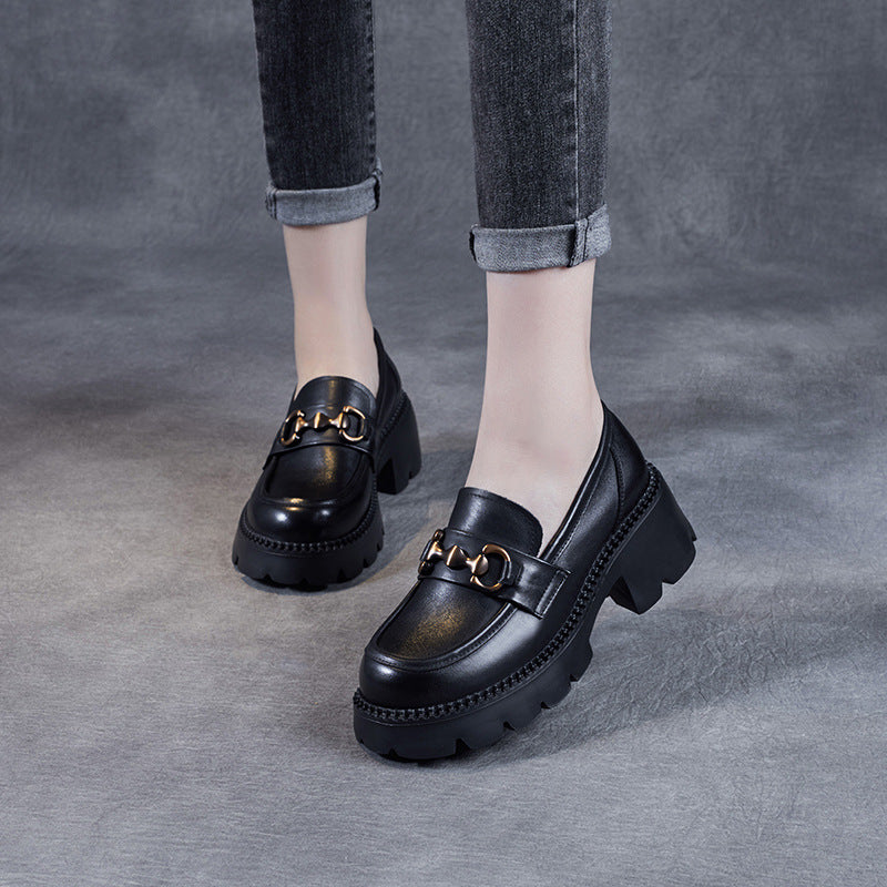 Women Retro Soft Leather Chunky Heel Loafers Newgew Shoes