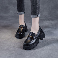 Women Retro Soft Leather Chunky Heel Loafers Newgew Shoes
