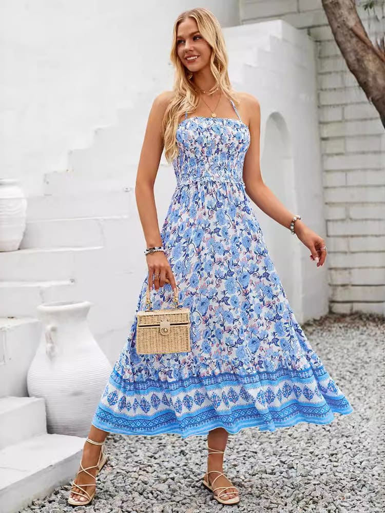 Floral Print Smocked Chest Halter Neck Maxi Dress Newgew Dresses