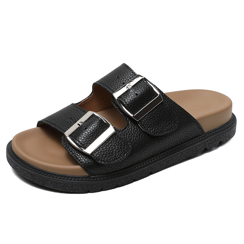 Women Retro Leather Casual Buckle Slides Newgew Shoes