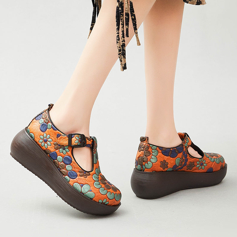 Women Retro Floral Cowhide Casual Shoes Newgew Shoes
