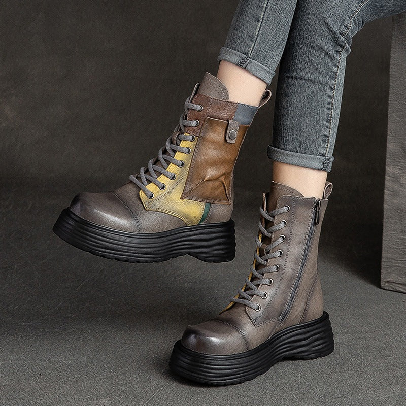 Women Retro Casual Leather Thick Sole Boots Newgew Shoes