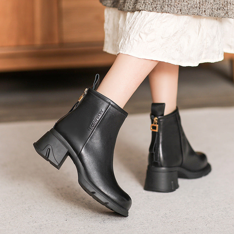 Women Minimalist Solid Leather Chunky Heel Ankle Boots Newgew Shoes