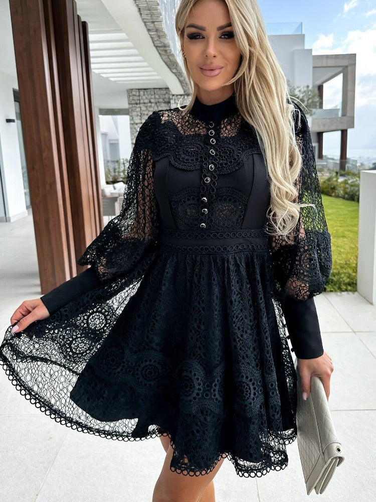 Lace Trim Long-Sleeve Dress Newgew Dresses