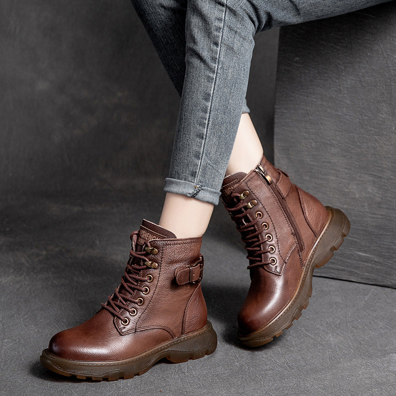 Women Retro Leather Flat Thick Soled Casual Boots Newgew Shoes