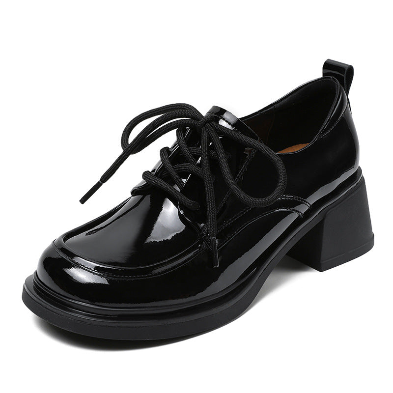 Women Minimalist Soft Glossy Leather Chunky Heel Shoes Newgew Shoes