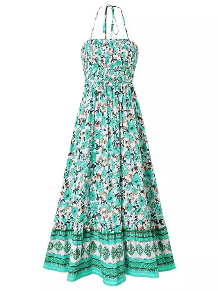 Floral Print Smocked Chest Halter Neck Maxi Dress Newgew Dresses