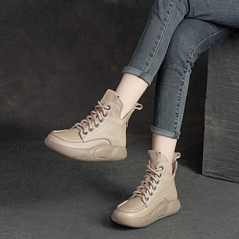 Women Retro Casual Solid Cowhide Boots Newgew Shoes