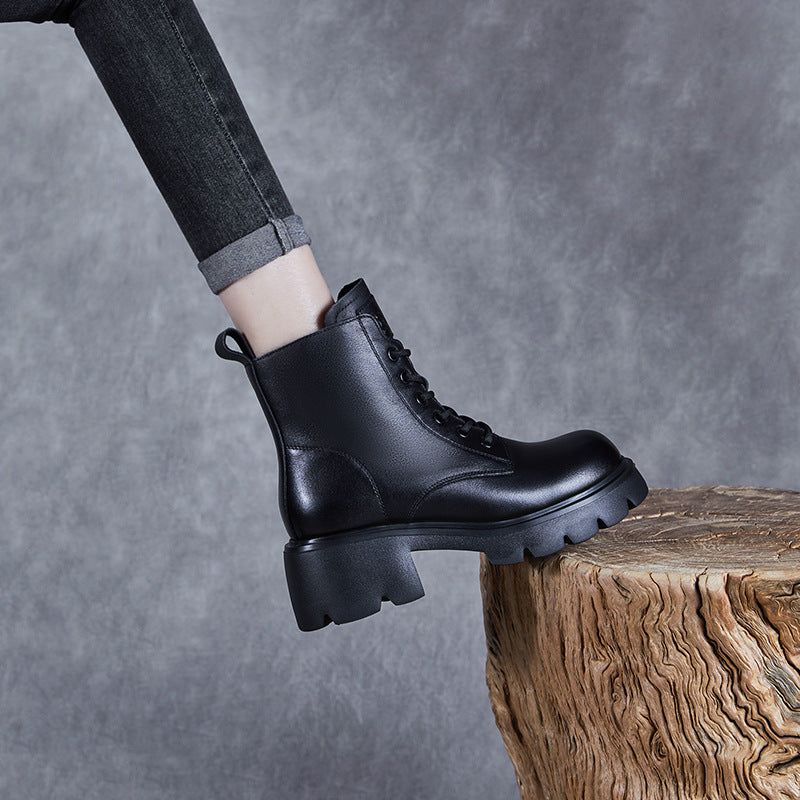 Women Minimalist Leather Furred Chunky Platform Boots Newgew Shoes