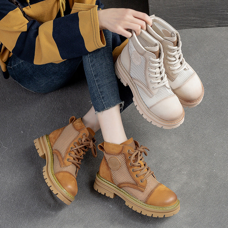 Women Casual Hollow Mesh Leather Lug Sole Boots Newgew Shoes
