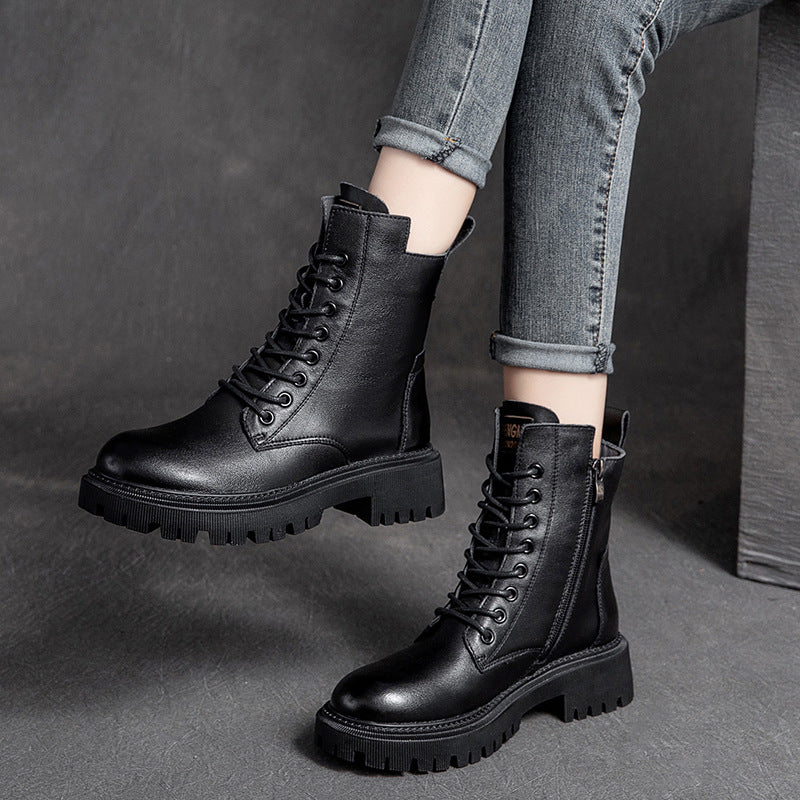 Women Retro Casual Leather Thick Soled Boots Newgew Shoes