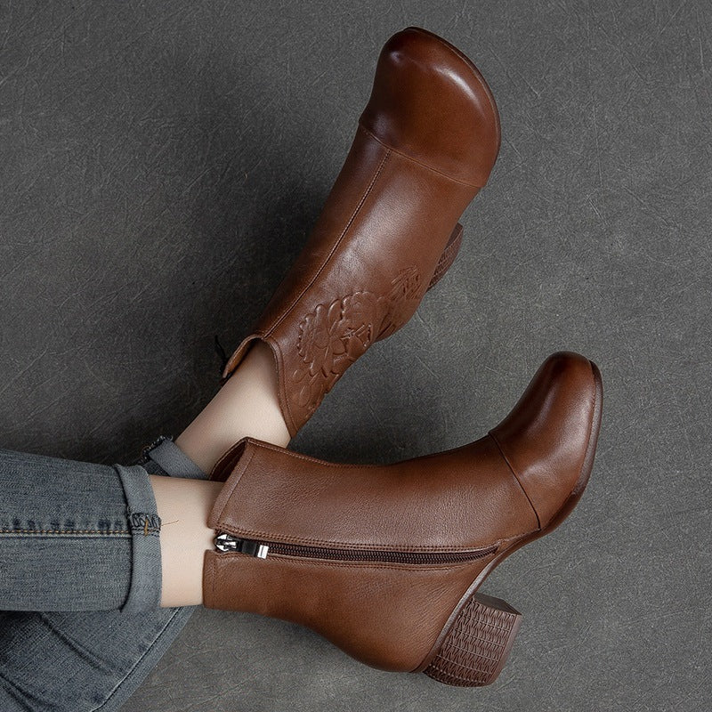 Women Retro Figured Leather Chunky Heel Mid-Calf Boots Newgew Shoes