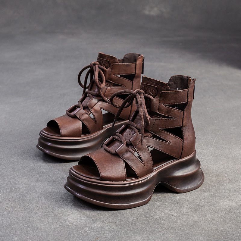 Women Retro High Top Leather Platform Sandals Newgew Shoes