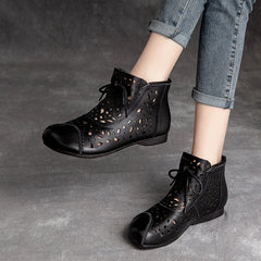 Women Retro Casual Hollow Leather Flat Ankle Boots Newgew Shoes