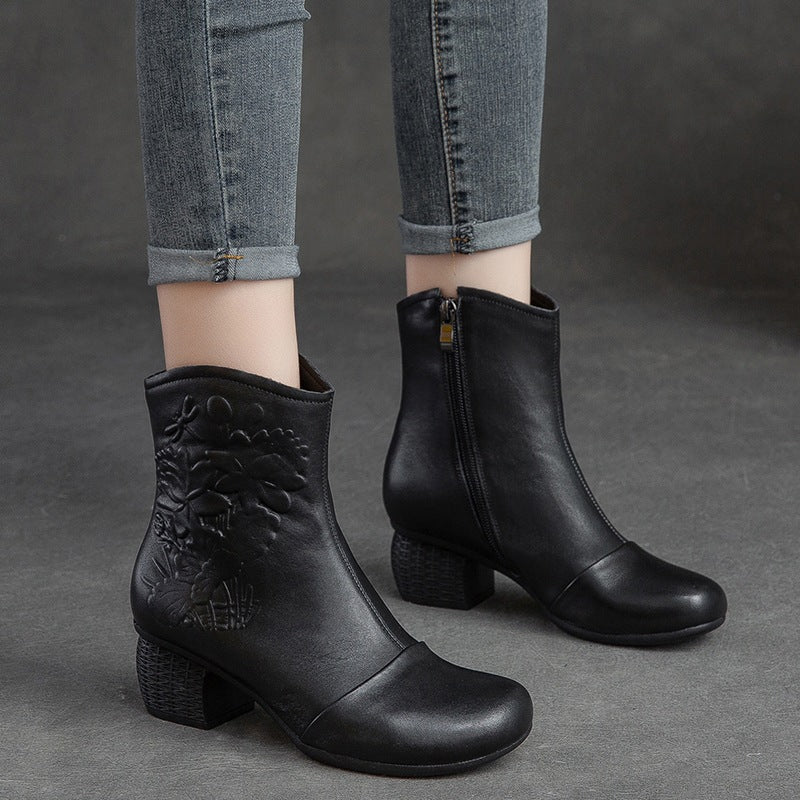 Women Retro Figured Leather Chunky Heel Mid-Calf Boots Newgew Shoes