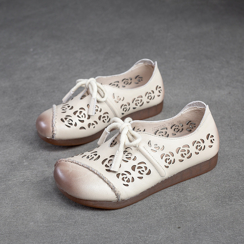 Women Retro Hollow Soft Leather Flat Shoes Newgew Shoes