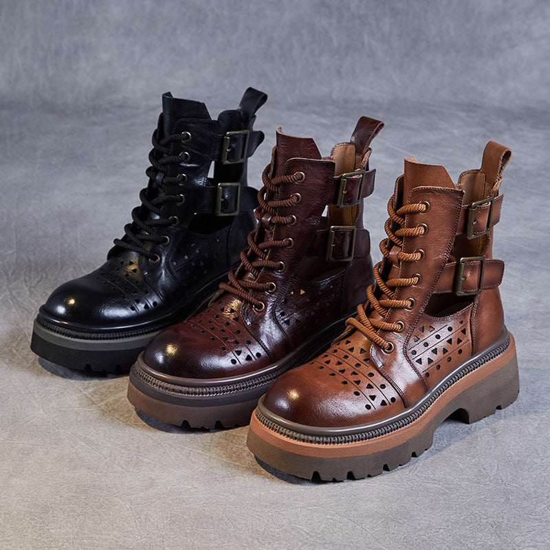 Women Retro Hollow Cutout Leather Boots Newgew Shoes