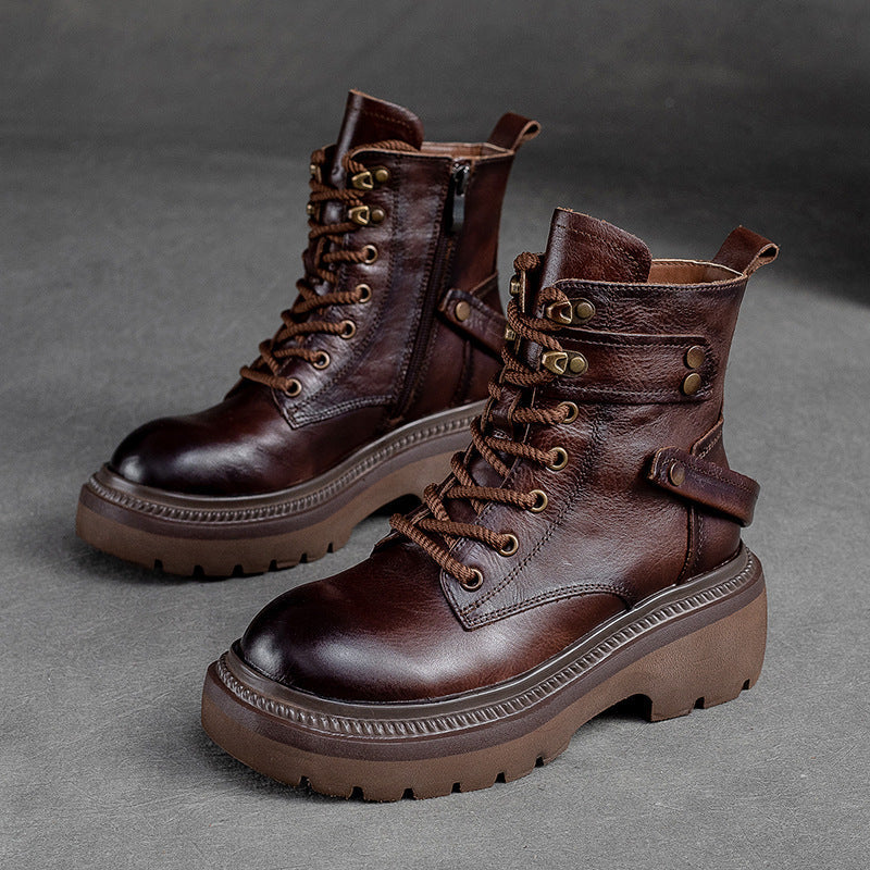 Women Retro Classic Leather Chunky Heel Boots Newgew Shoes