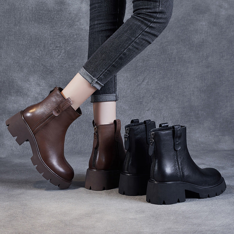 Women Retro Casual Patchwork Leather Chunky Heel Boots Newgew Shoes
