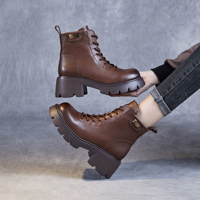 Women Retro Minimalist Leather Chunky Heel Boots Newgew Shoes