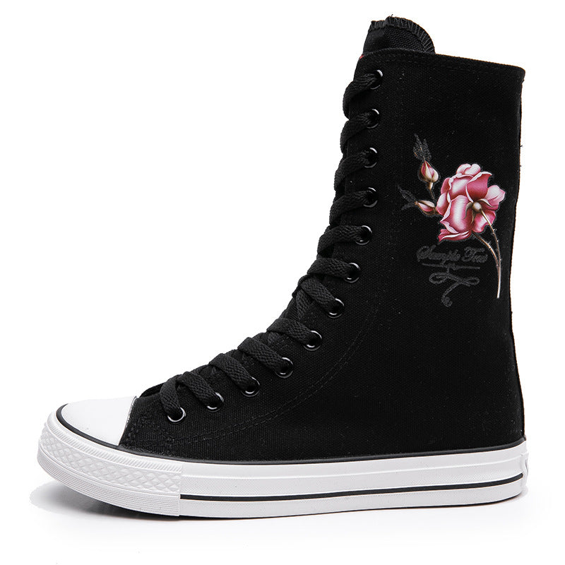 Women's Front Side Zipper Rose Pattern Canvas Shoes Newgew