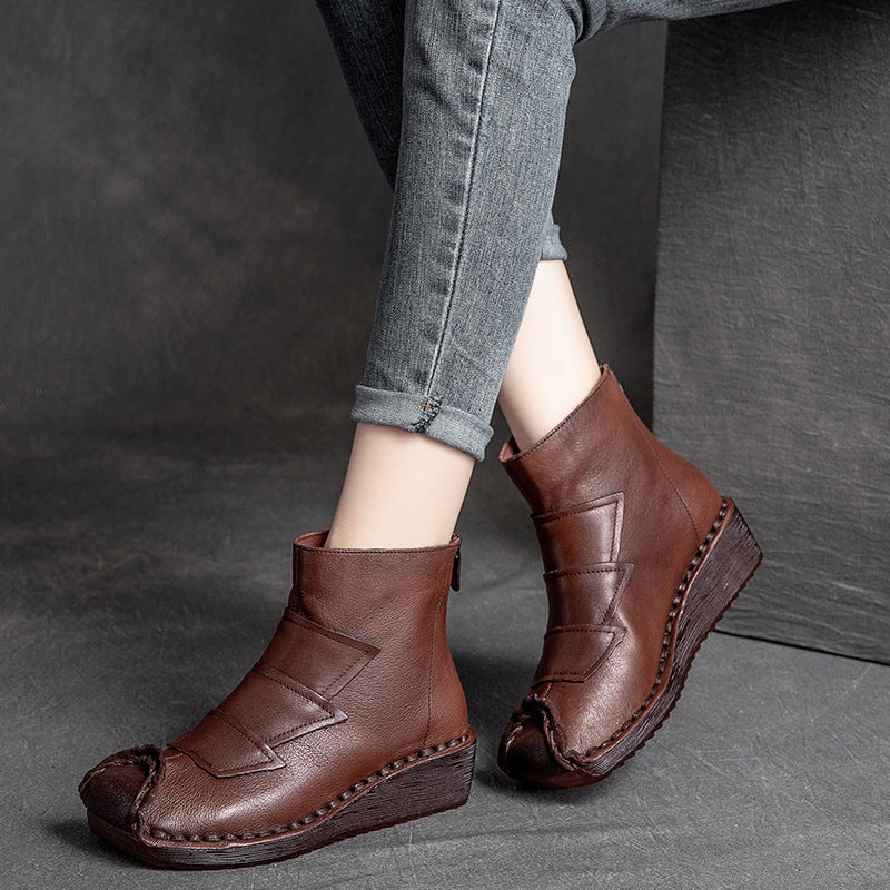 Women Retro Cowhide Low Wedge Casual Boots Newgew Shoes