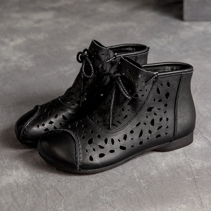 Women Retro Casual Hollow Leather Flat Ankle Boots Newgew Shoes