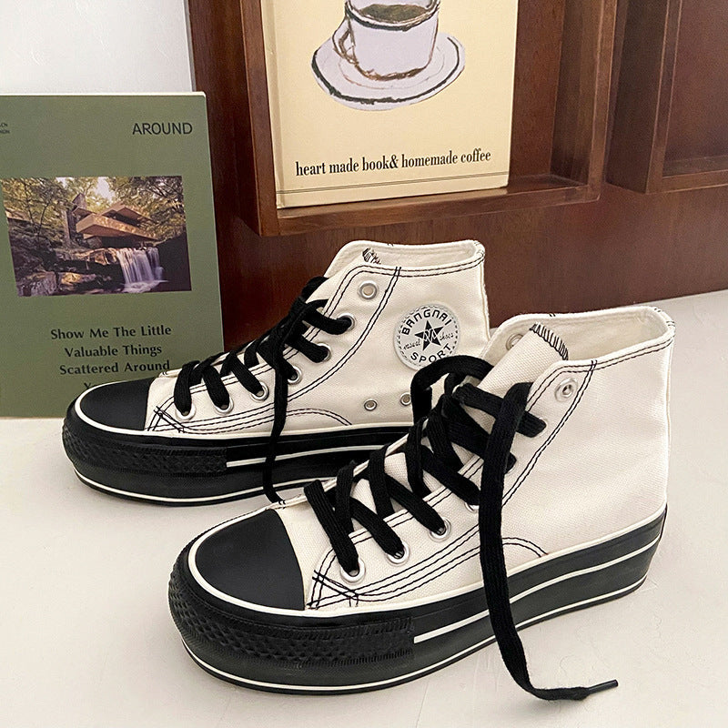 Women's White Thick-soled Thin Color Board Canvas Shoes Newgew