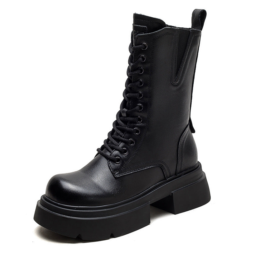 Women Retro Classic Leather Platform Mid-Calf Boots Newgew Shoes
