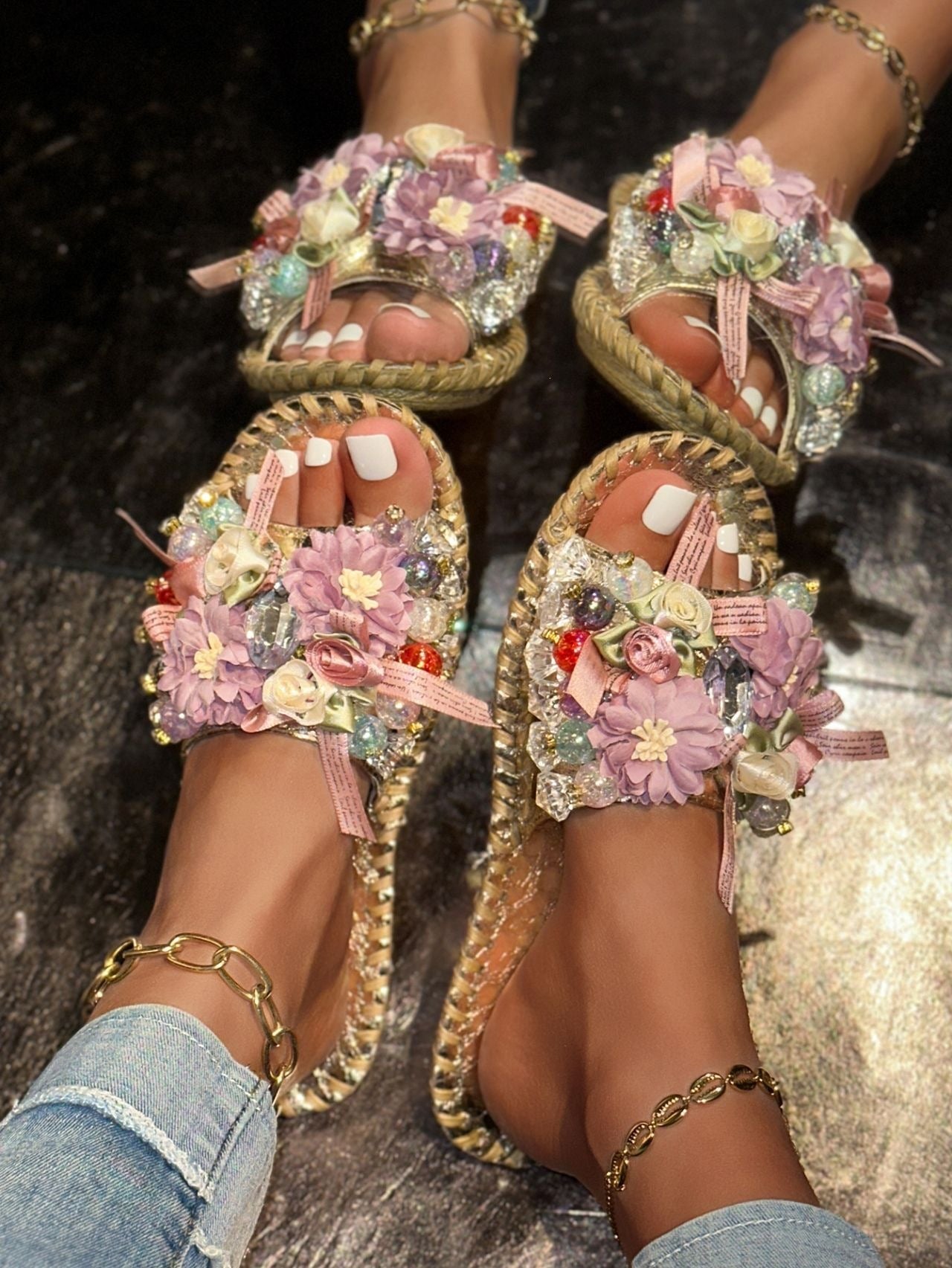Fashion All-match Crystal Gem Flat Slippers NewGew