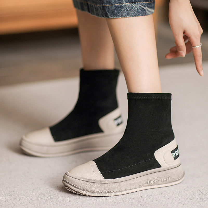 Women Minimalist Patchwork Elastic Canvas Flat Boots Newgew Shoes