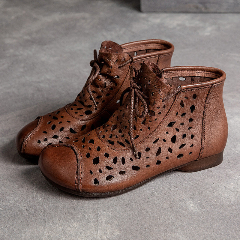Women Retro Casual Hollow Leather Flat Ankle Boots Newgew Shoes