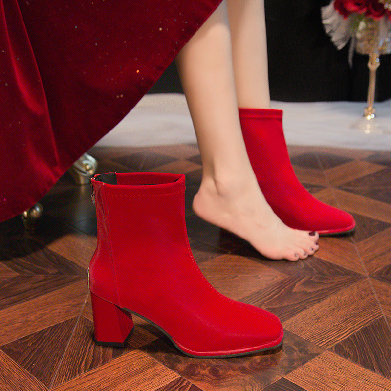 Square Toe Thick Heeled Back Zipper Short Boots Newgew